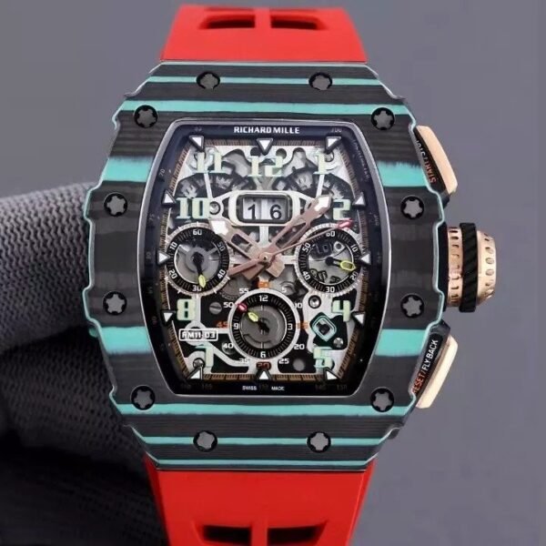 RM 11-03 Skeleton Dial Black&Blue Bezel Red/White/Black Rubber Strap KV 7750