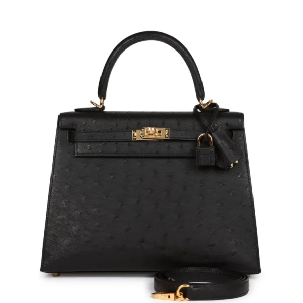 H Kelly Sellier 25 Black Ostrich Gold Hardware