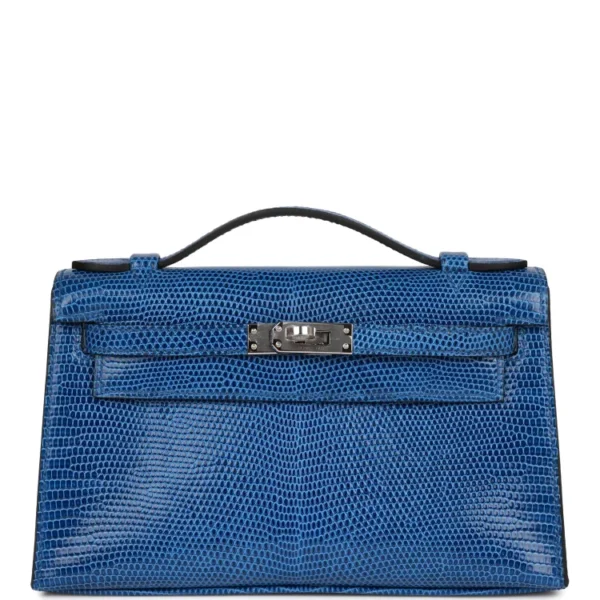 H Kelly Pochette Bleu Saphir Lizard Palladium Hardware