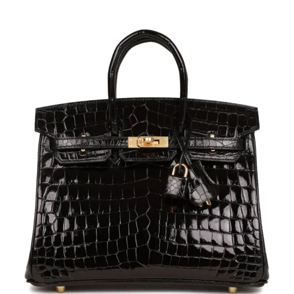 H Birkin 25 Black Shiny Niloticus Crocodile Gold Hardware